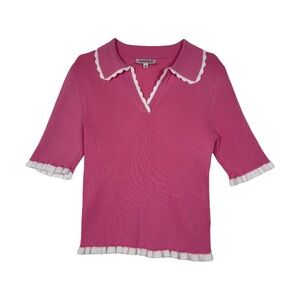 Nanette Lepore Pink Rib Knit Scallop Collar White Contrast Ruffle Trim Top NWOT